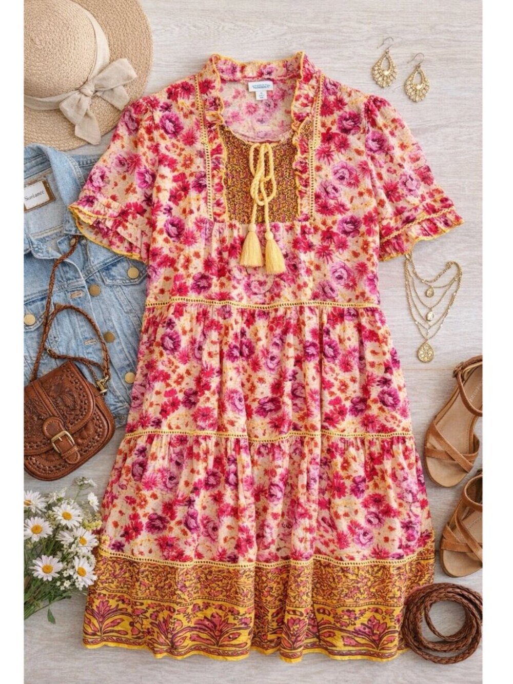 Sundance Fields of Beauty Pink Boho Prairie Cotton Mini Dress Women's Size XL